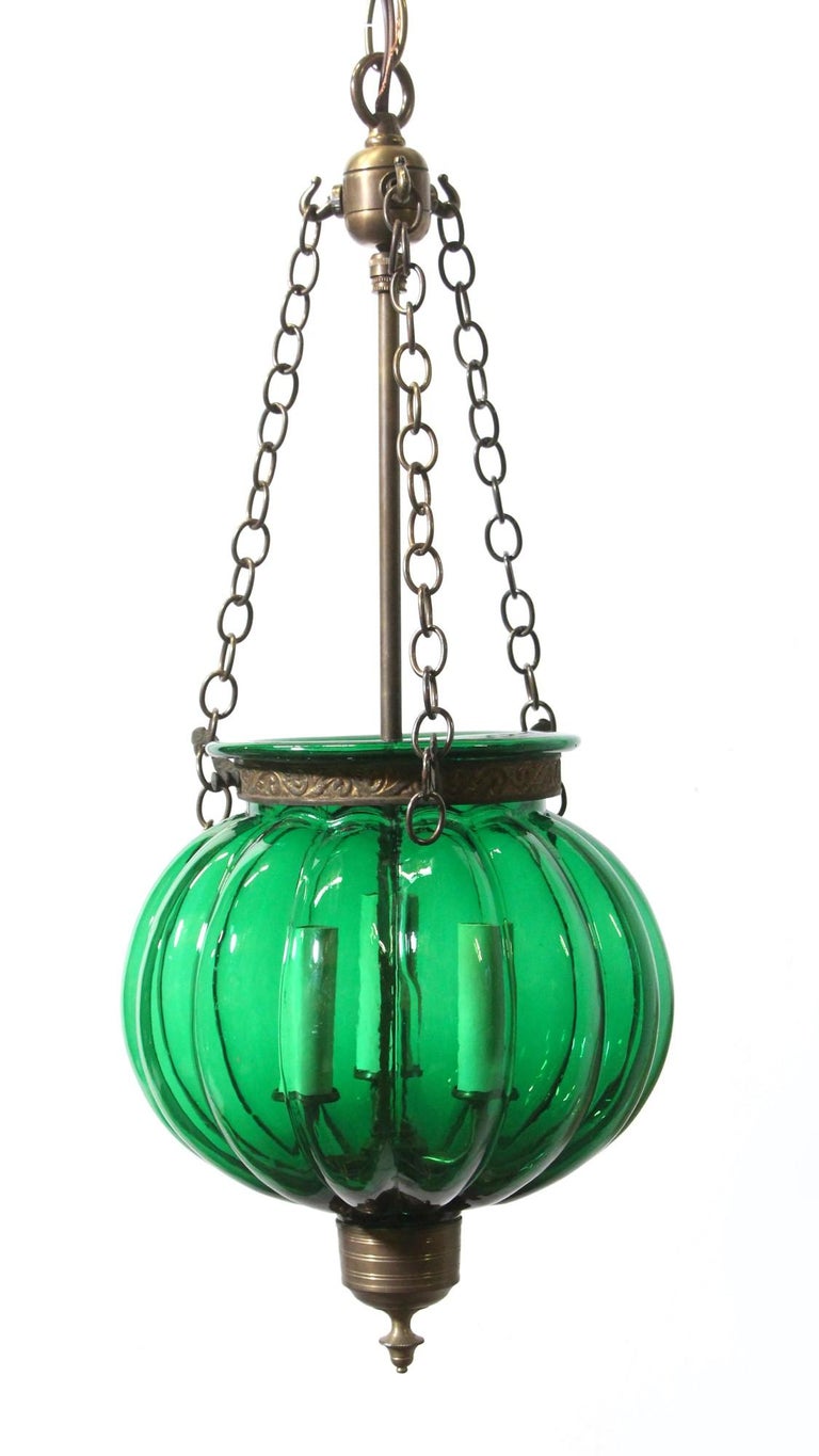 Antique Green Glass Pumpkin Bell Jar Pendant Light Brass Hardware with