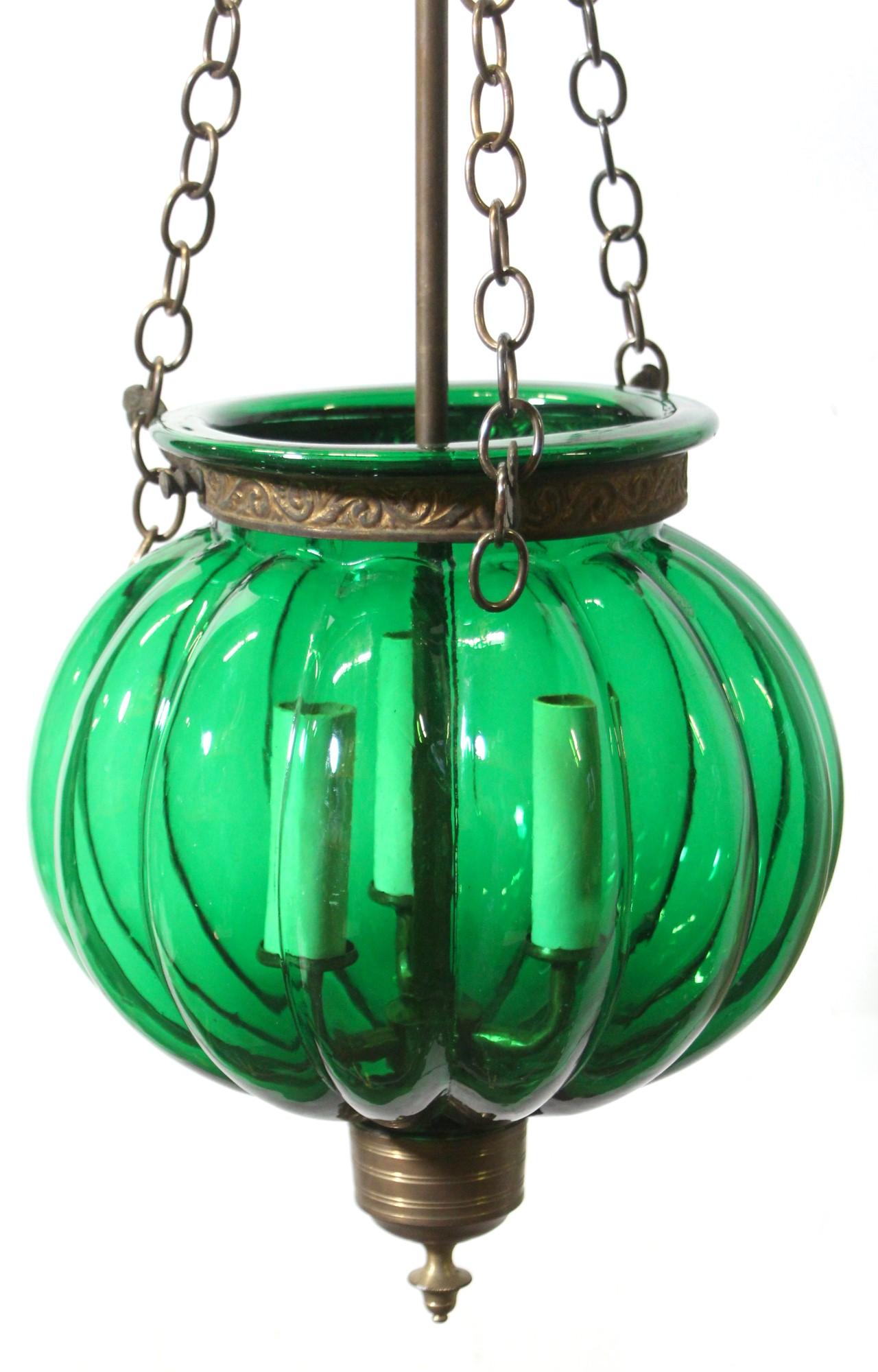 20th Century Antique Green Glass Pumpkin Bell Jar Pendant Light Brass Hardware with 3 Lights