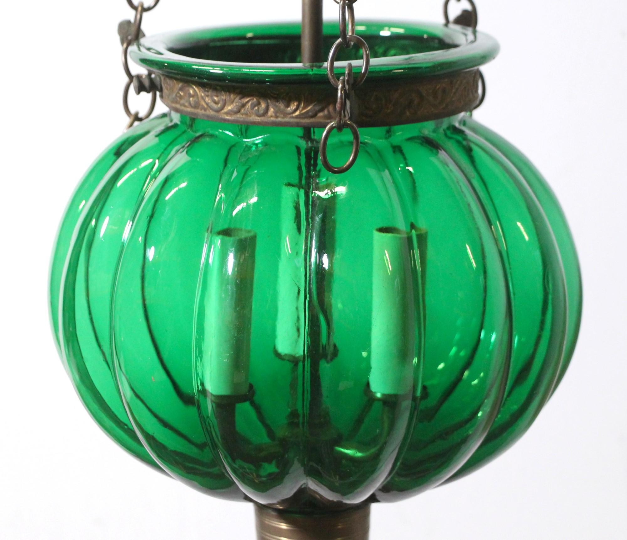 Antique Green Glass Pumpkin Bell Jar Pendant Light Brass Hardware with 3 Lights 1