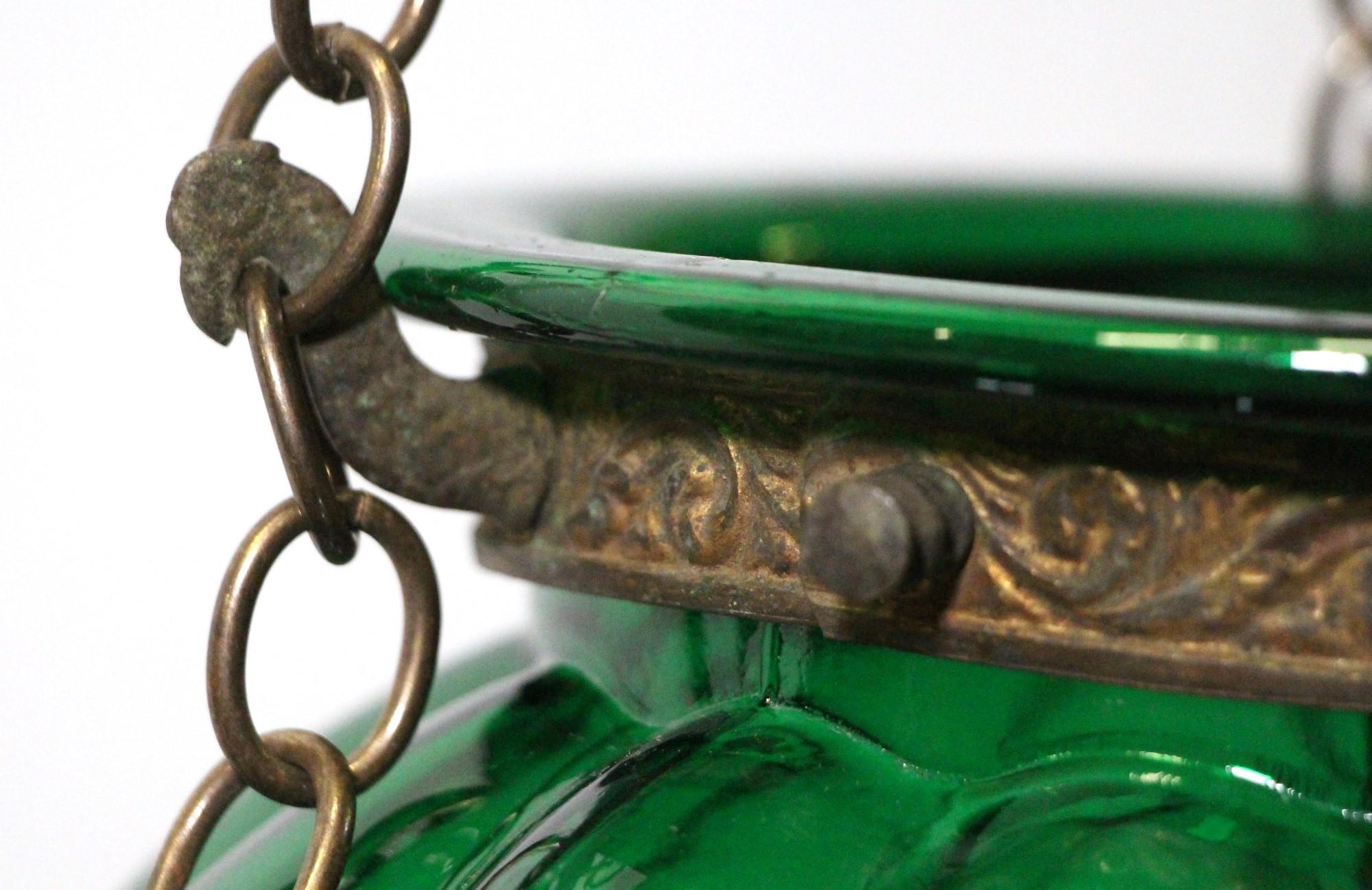 Antique Green Glass Pumpkin Bell Jar Pendant Light Brass Hardware with 3 Lights 2