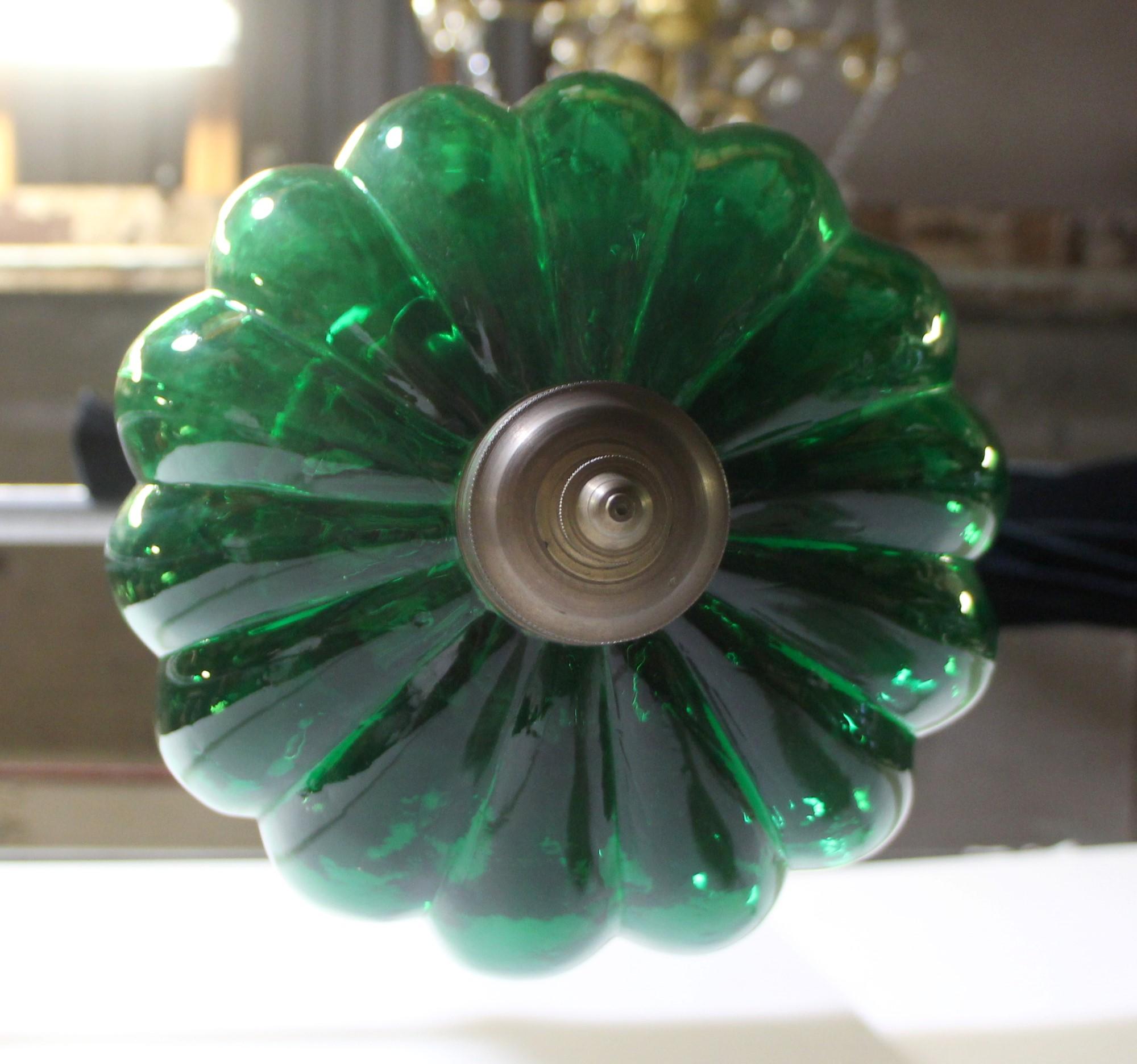 Antique Green Glass Pumpkin Bell Jar Pendant Light Brass Hardware with 3 Lights 4
