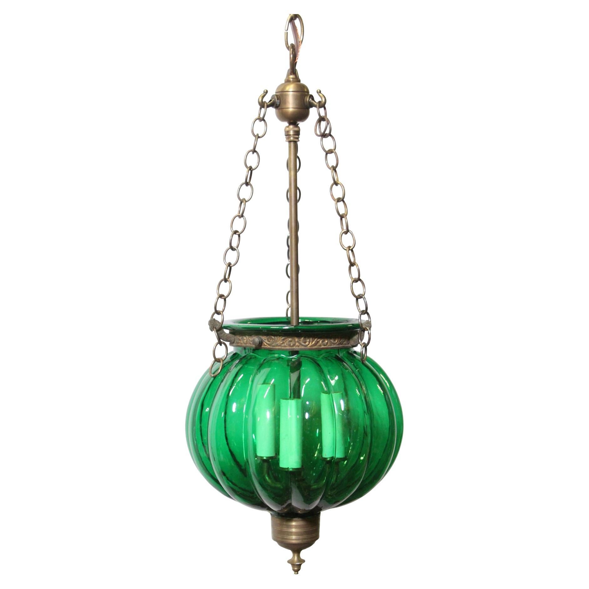 Antique Green Glass Pumpkin Bell Jar Pendant Light Brass Hardware with 3 Lights