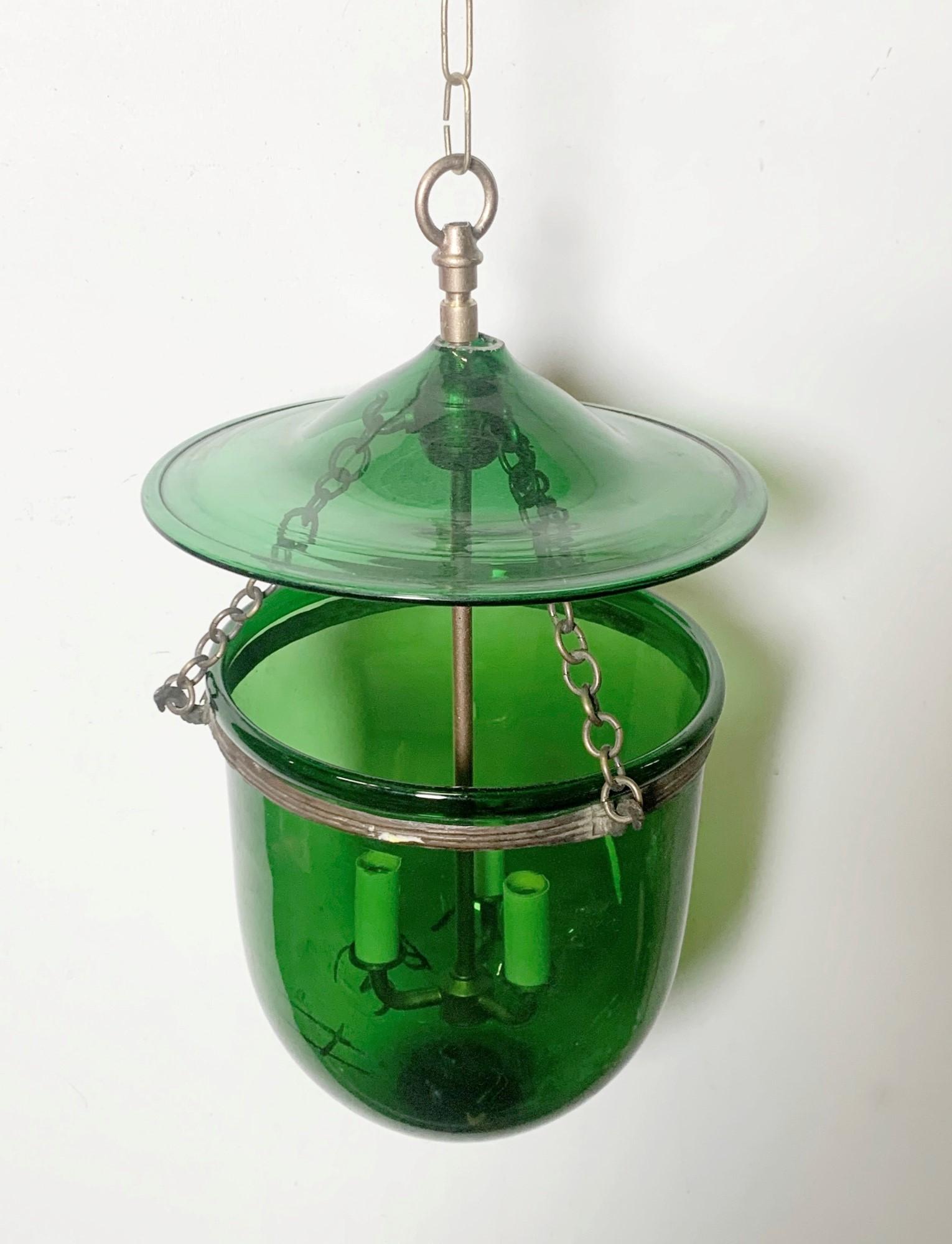 Industrial Antique Green Hand Blown Glass Bell Jar Pendant Light Brass Finished Hardware