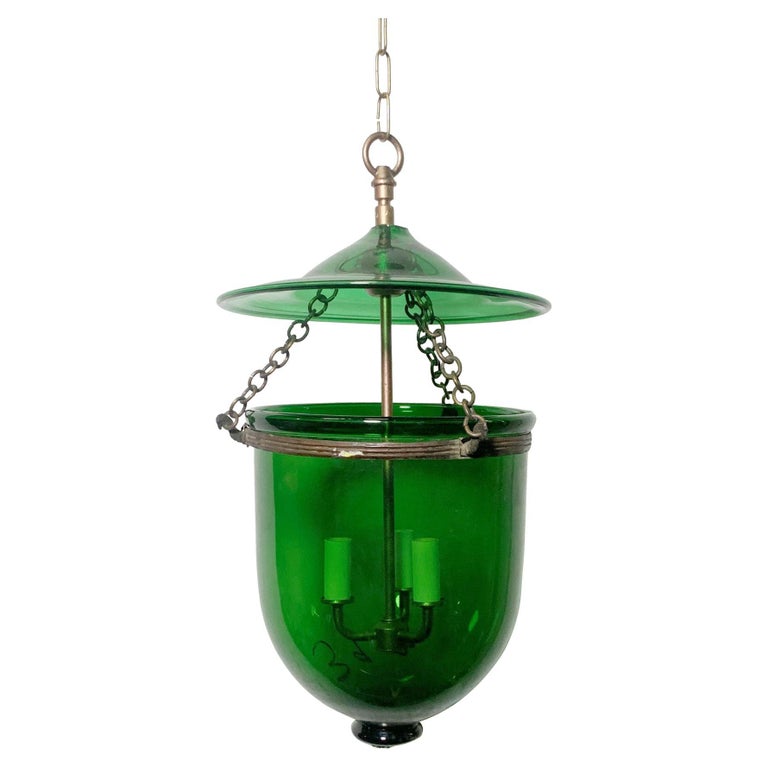 Antique Green Hand Blown Glass Bell Jar Pendant Light Brass Finished