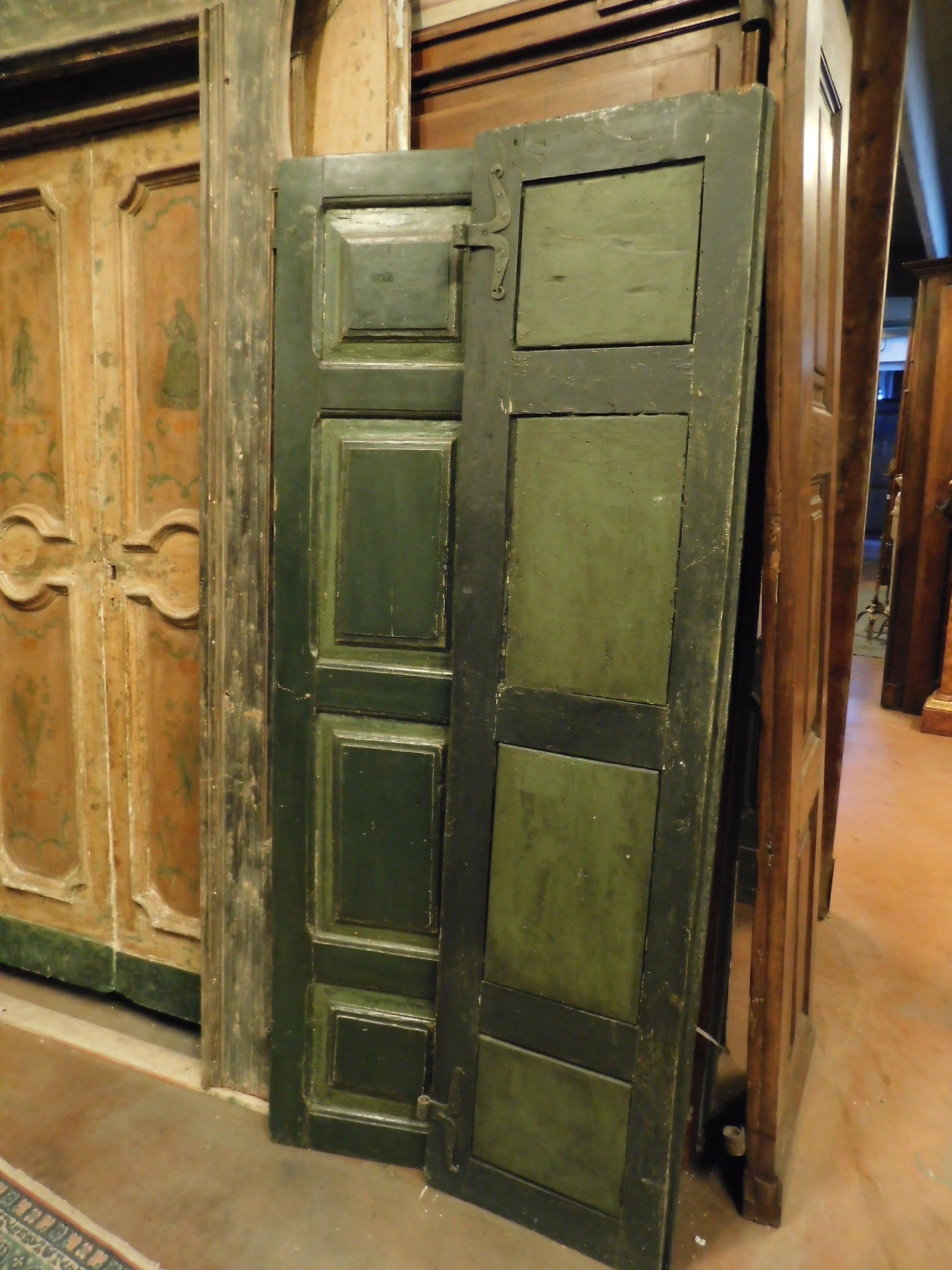 Italian Antique Green Hand Painted Wooden Double Door with 8 Panels, 1700, Italy