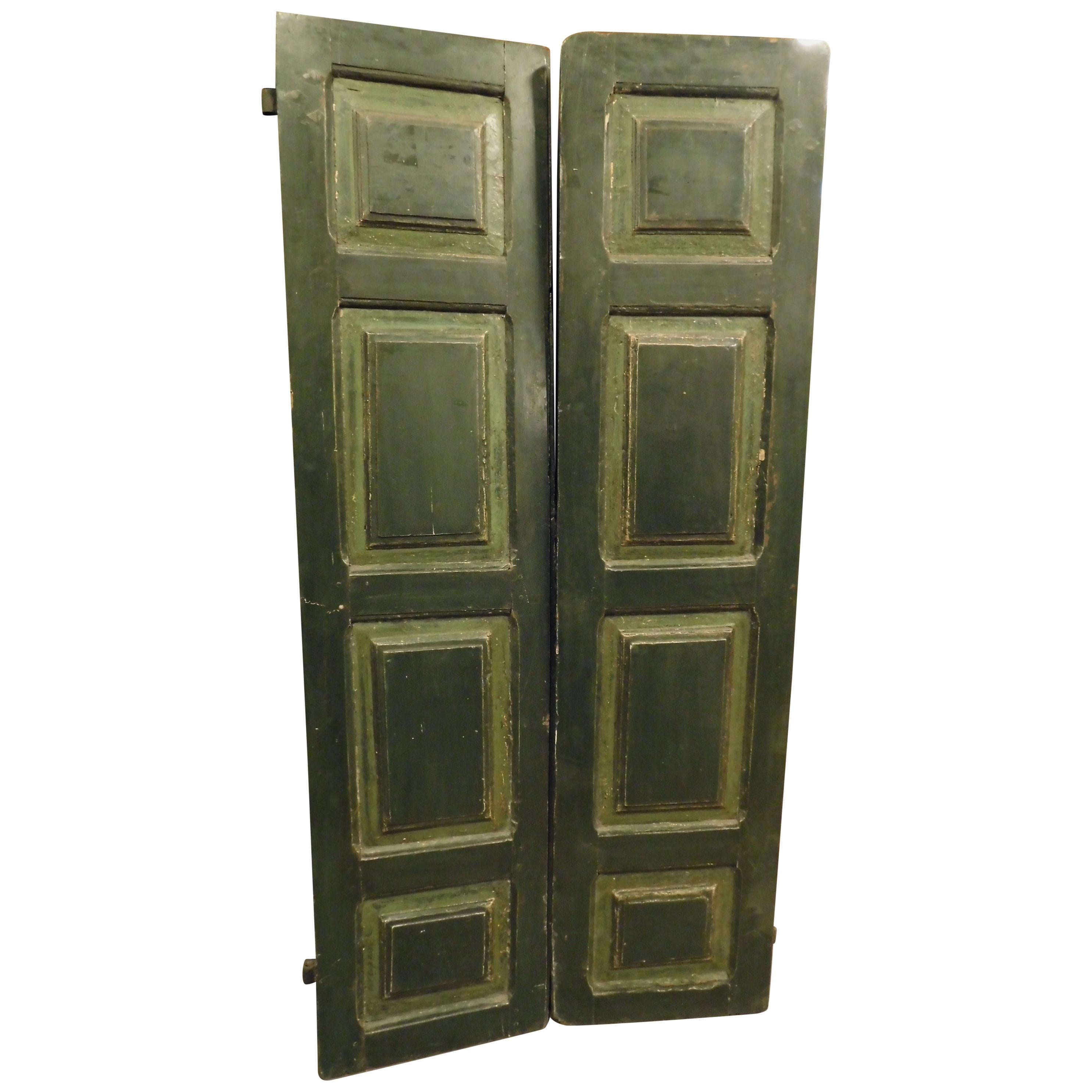 Antique Green Hand Painted Wooden Double Door with 8 Panels, 1700, Italy