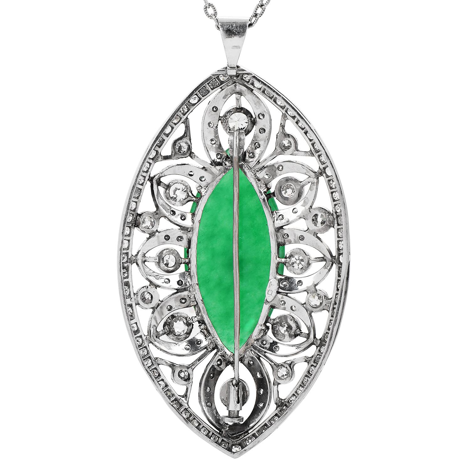 Marquise Cut Antique Green Jade Old European Diamond Platinum Floral Marquise Large Brooc For Sale