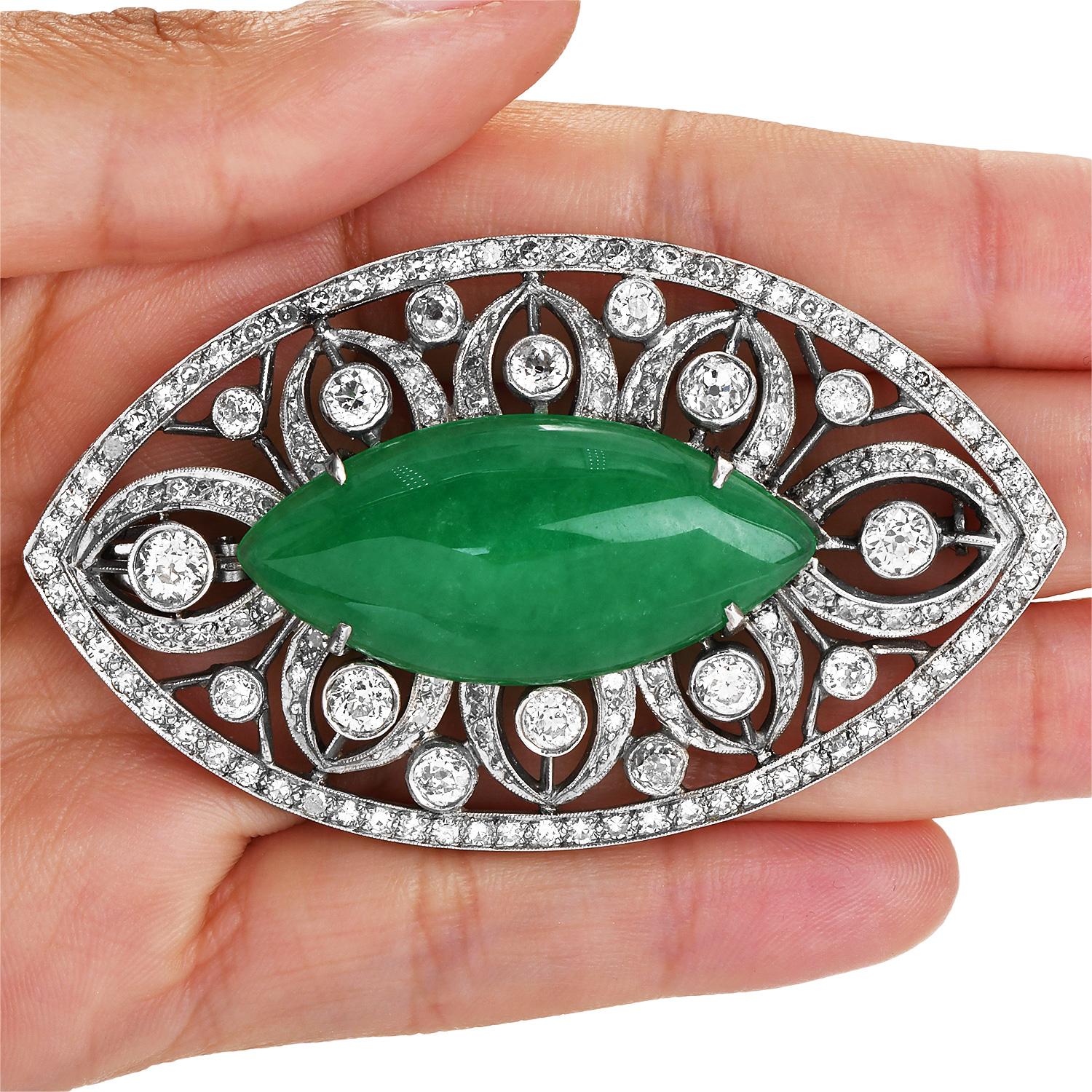 Antique Green Jade Old European Diamond Platinum Floral Marquise Large Brooc In Excellent Condition For Sale In Miami, FL