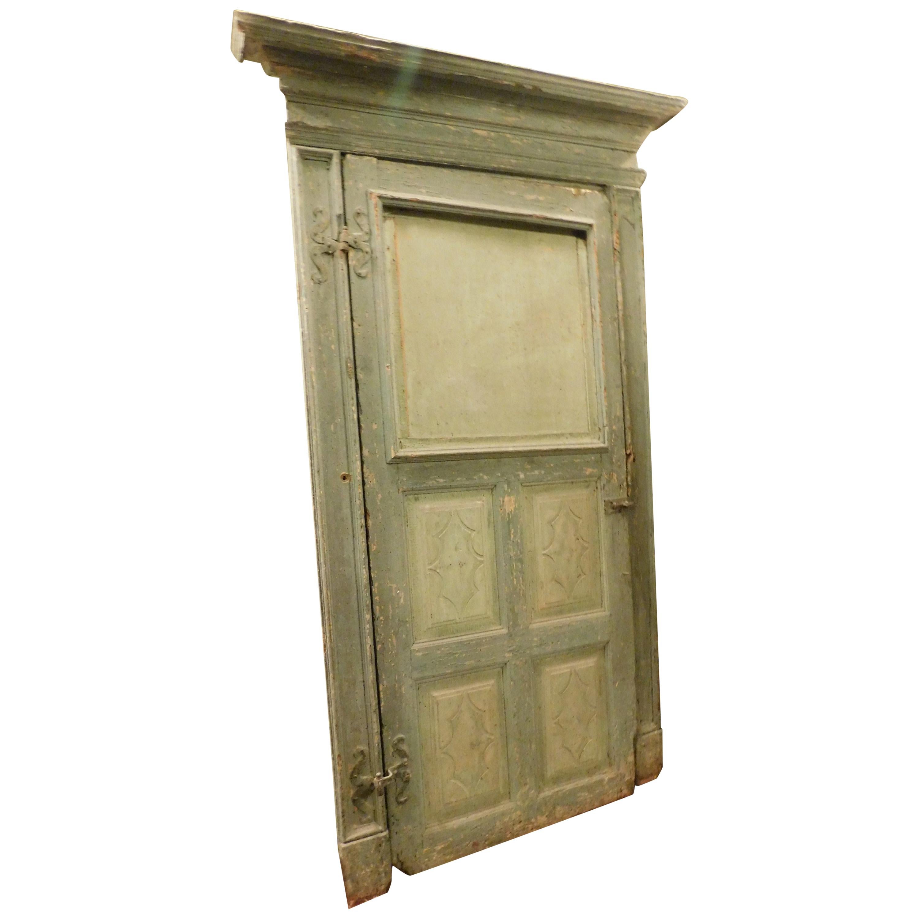 Antique Green Lacquered and Carved Door, Original Frame, Italy, 1700
