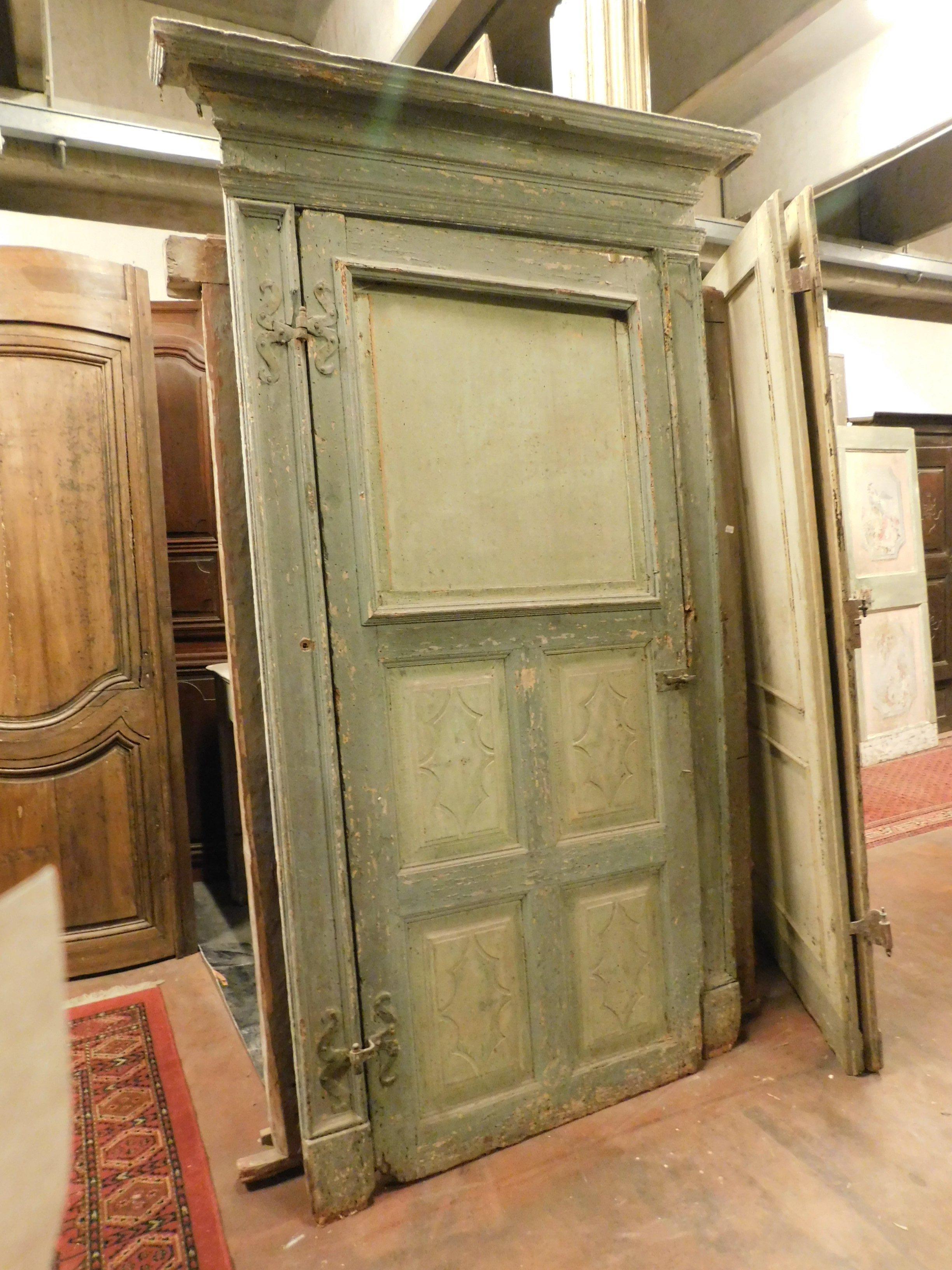 Italian Antique Green Lacquered and Carved Door, Original Frame, Italy, 1700 For Sale