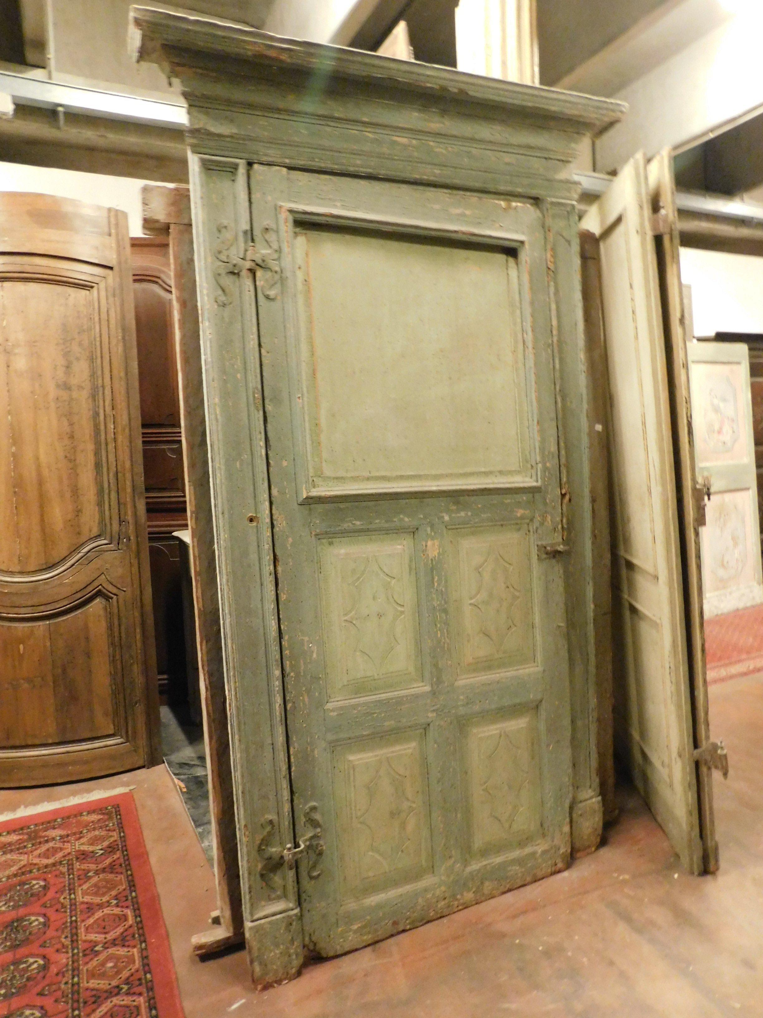 Hand-Painted Antique Green Lacquered and Carved Door, Original Frame, Italy, 1700 For Sale