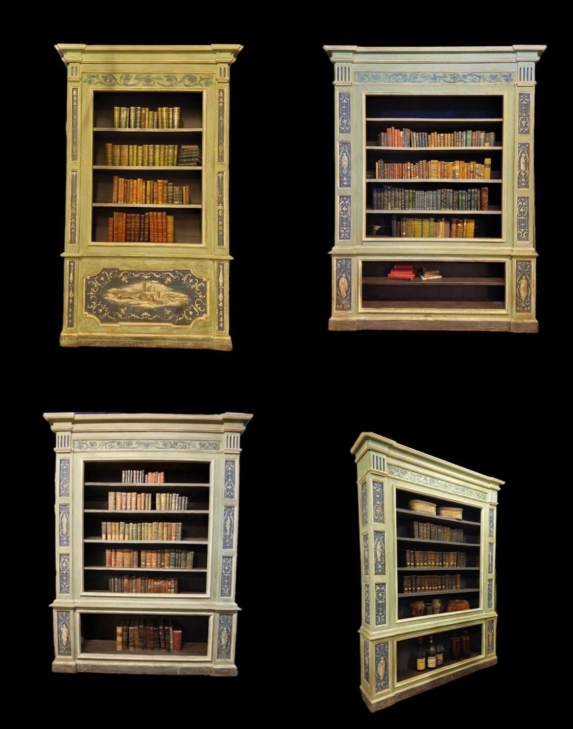 Ancient library, carved with decorations and lacquered with colors on greens and blues, made up of 4 separable bookcases, perhaps also used as a pharmacy, built and sculpted entirely by hand in the second half of the 18th century, Italy, from