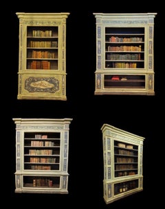 Antique Green Lacquered Biblioteque Library, 4 Pieces of Furniture, '700 Italy