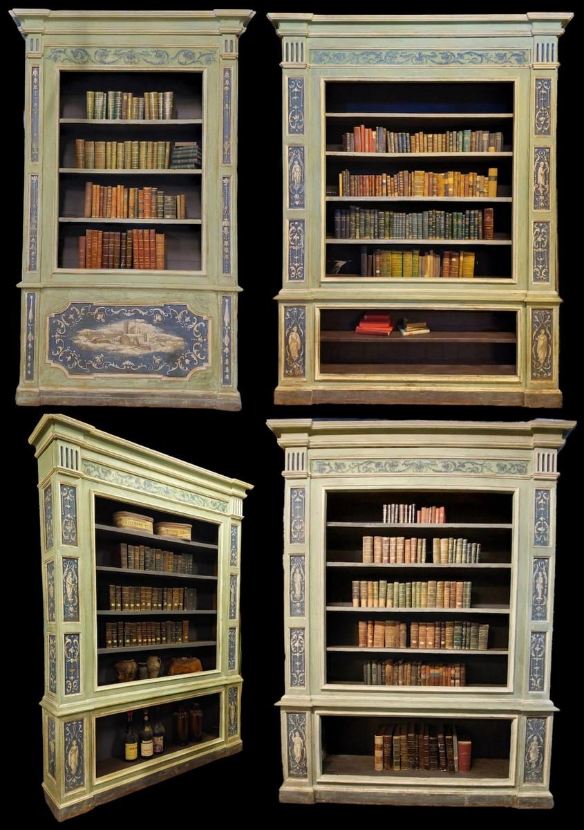 Hand-Carved Antique Green Lacquered Biblioteque Library, 4 Pieces of Furniture, '700 Italy