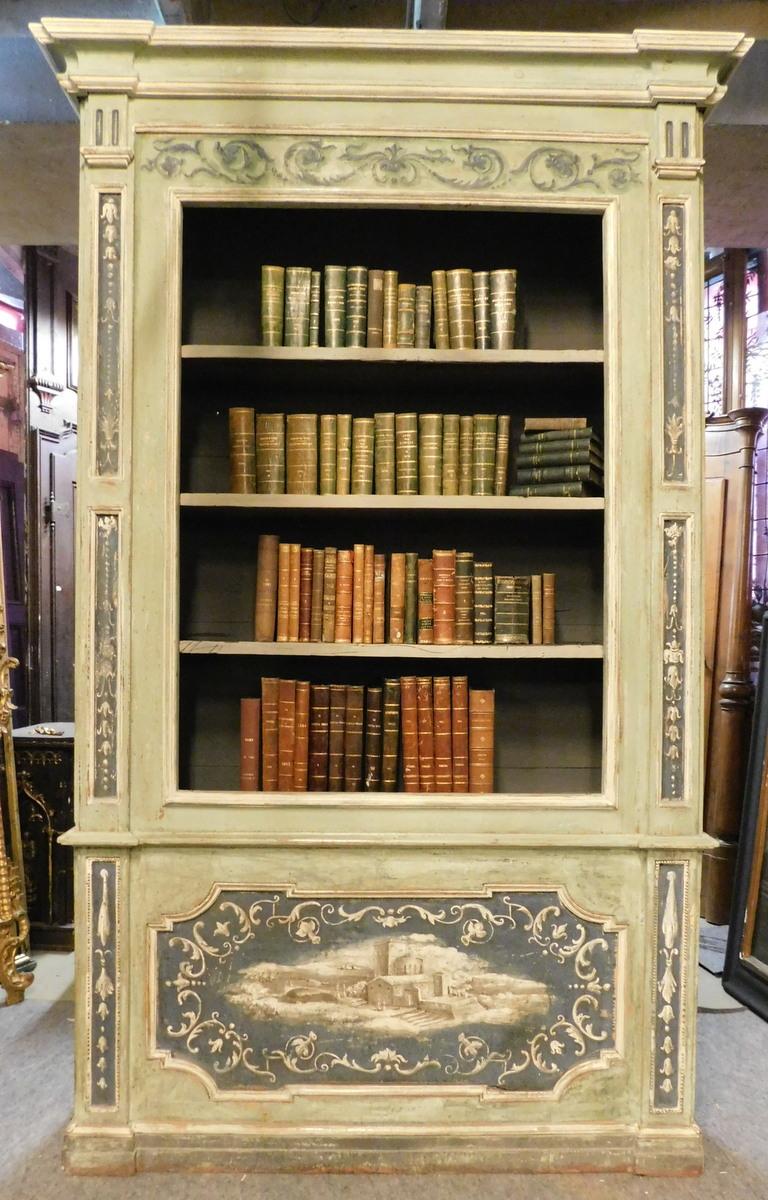 18th Century Antique Green Lacquered Biblioteque Library, 4 Pieces of Furniture, '700 Italy