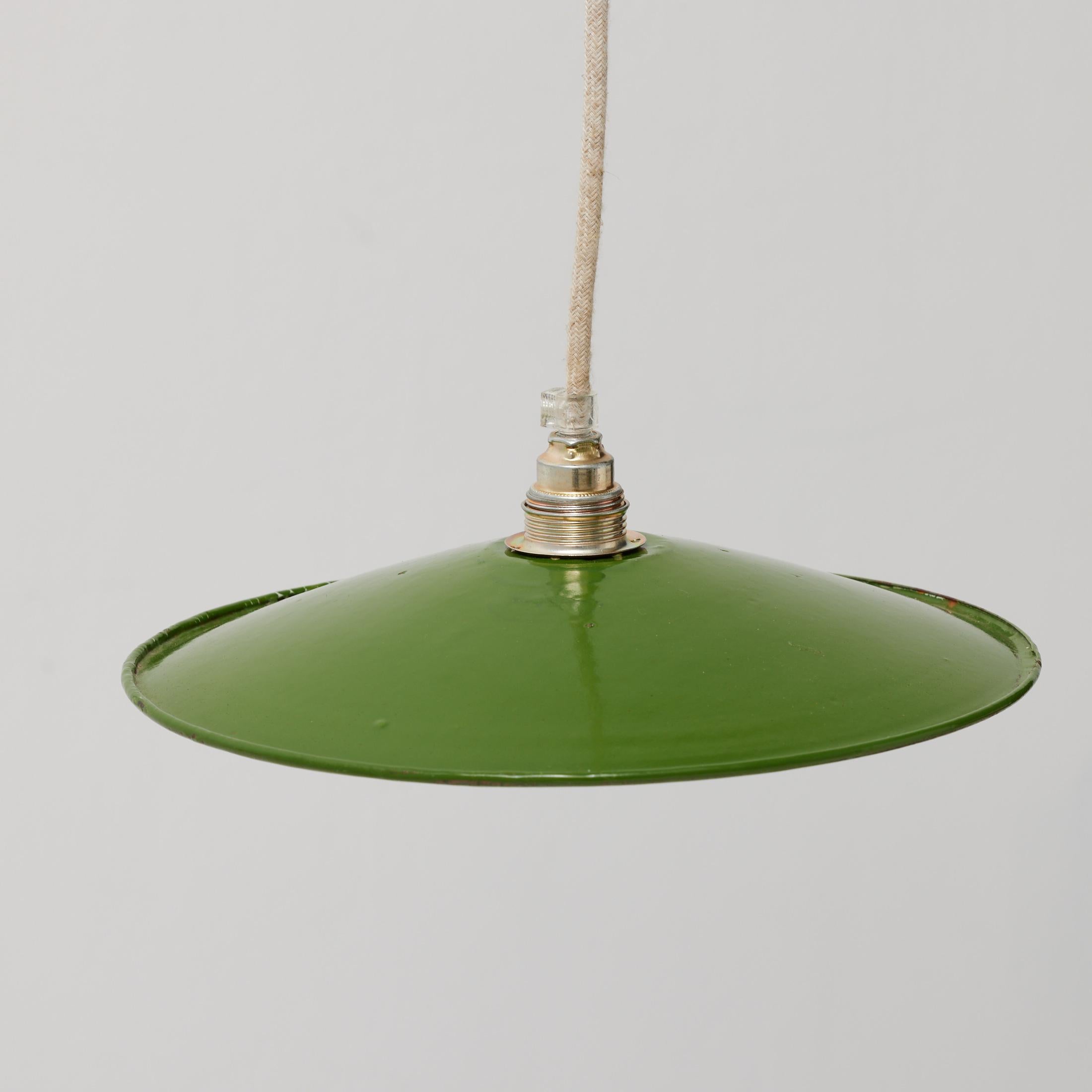 Mid-Century Modern Antique Green Lacquered Metal Ceiling Lamp, Early 20th Century, France For Sale