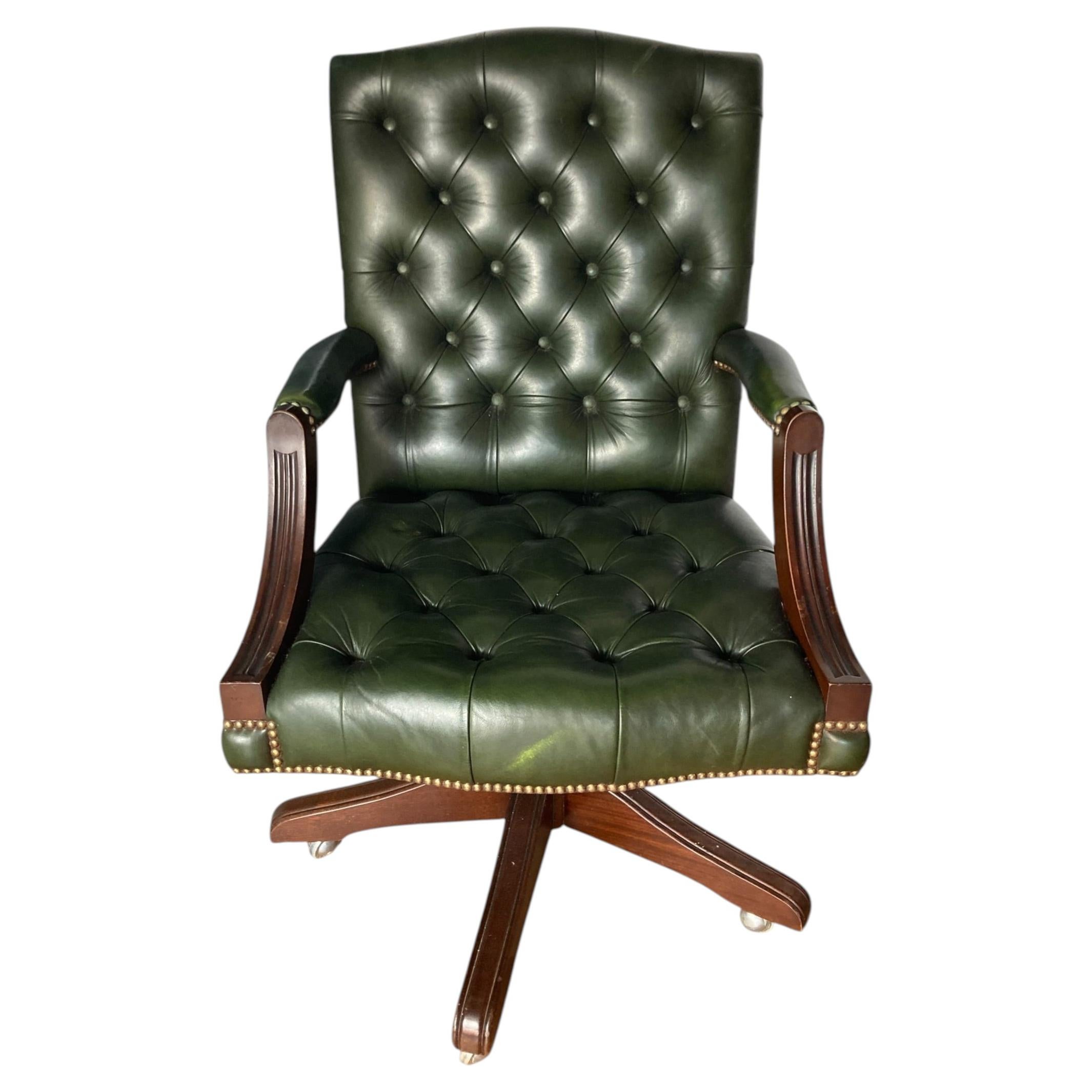Antique Green Leather Gainsborough Chesterfield style swivel office chair