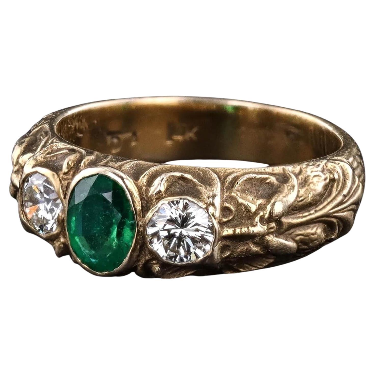 Antique Green Man Emerald Ring of 14k Gold