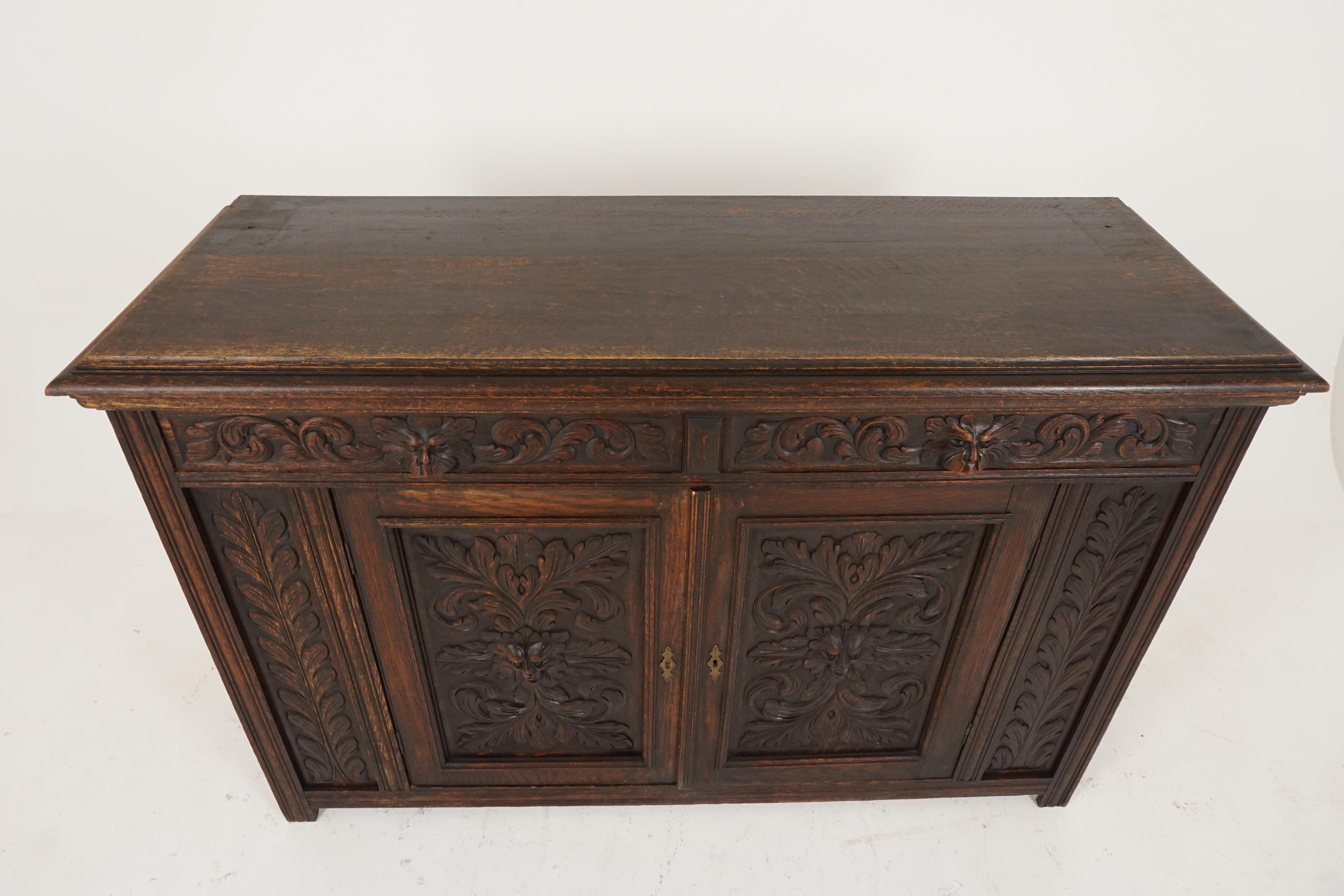 Hand-Crafted Antique Green Man Gothic Carved Oak Sideboard, Buffet, Scotland 1880, B2254