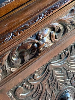 Antique Green Man Oak Bookcase Gothic Glazed Two Doors Victorian circa 1870