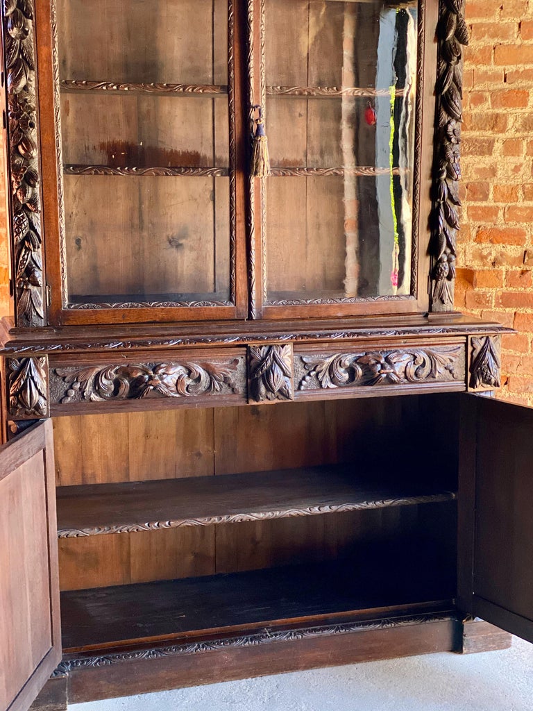 Antique Green Man Oak Bookcase Gothic Glazed Two Doors Victorian circa