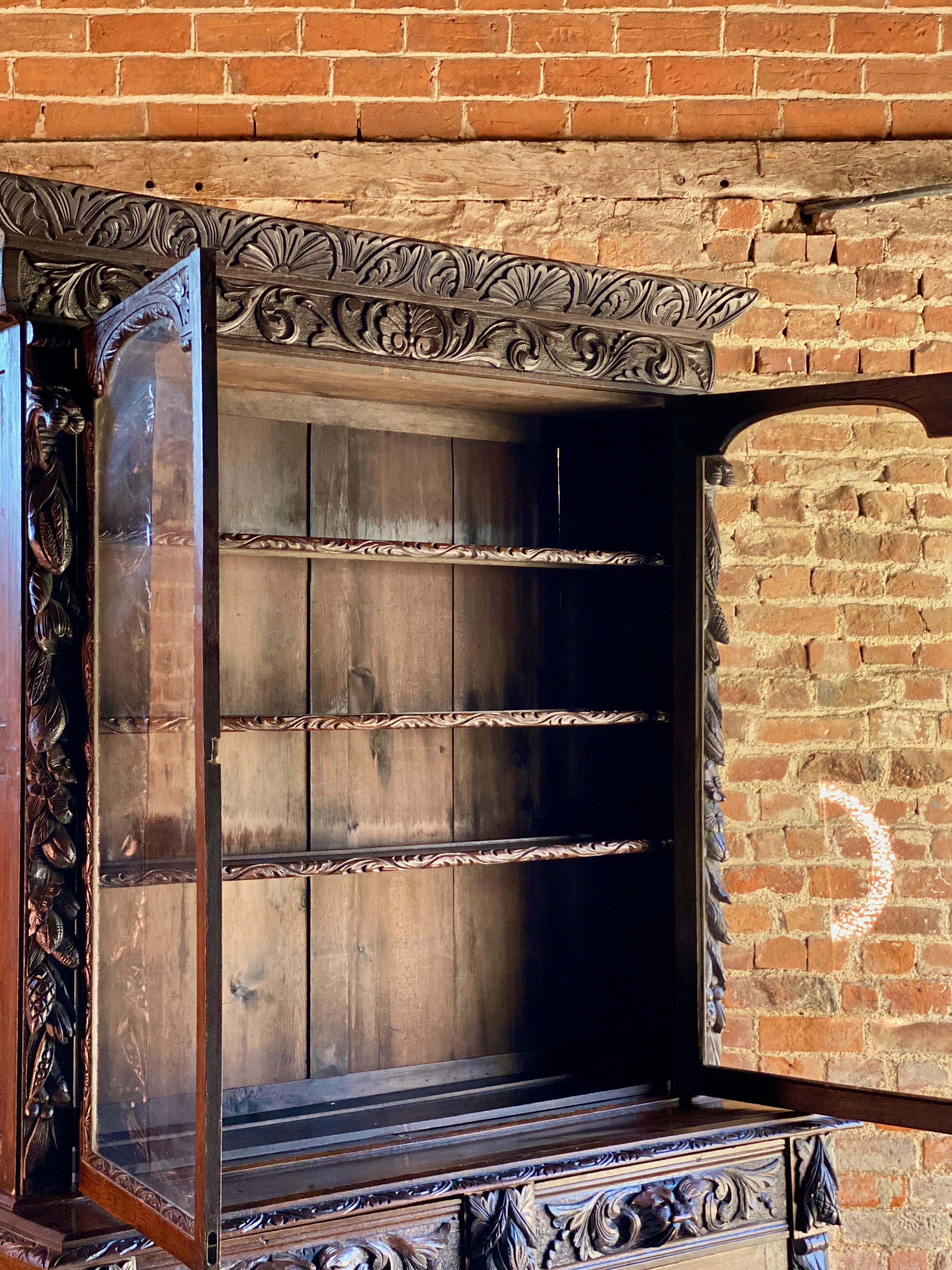 Antique Green Man Oak Bookcase Gothic Glazed Two Doors Victorian circa 1870 1