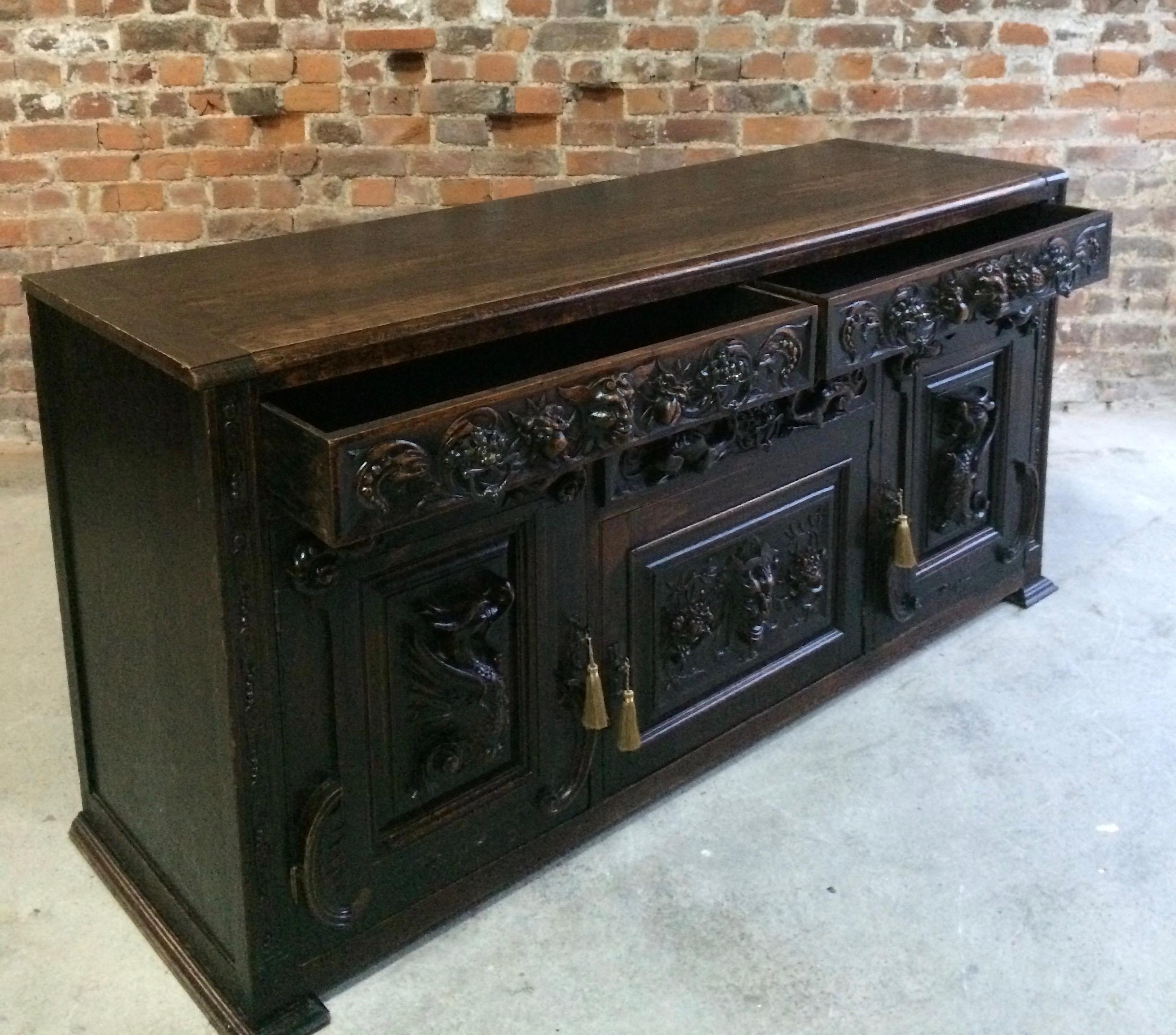 Hand-Carved Antique Green Man Oak Sideboard Dresser Buffet Heavily Carved 19th Century, 1890