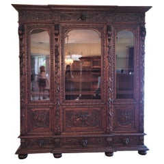 Antique Green Man Renaissance Revival Oak Vitrine