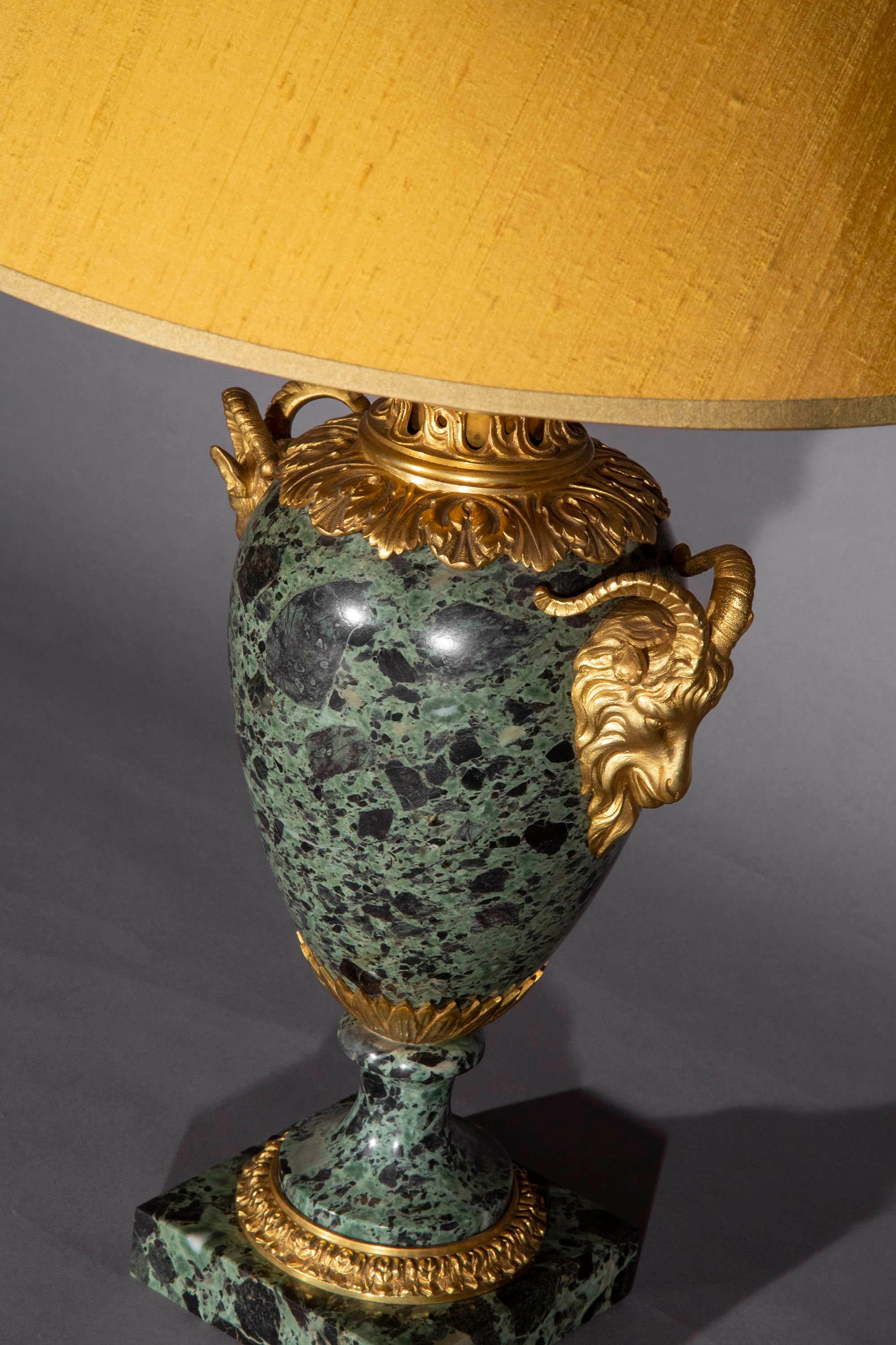 French Antique Table Lamp in Green Marble and Gilt Bronze For Sale