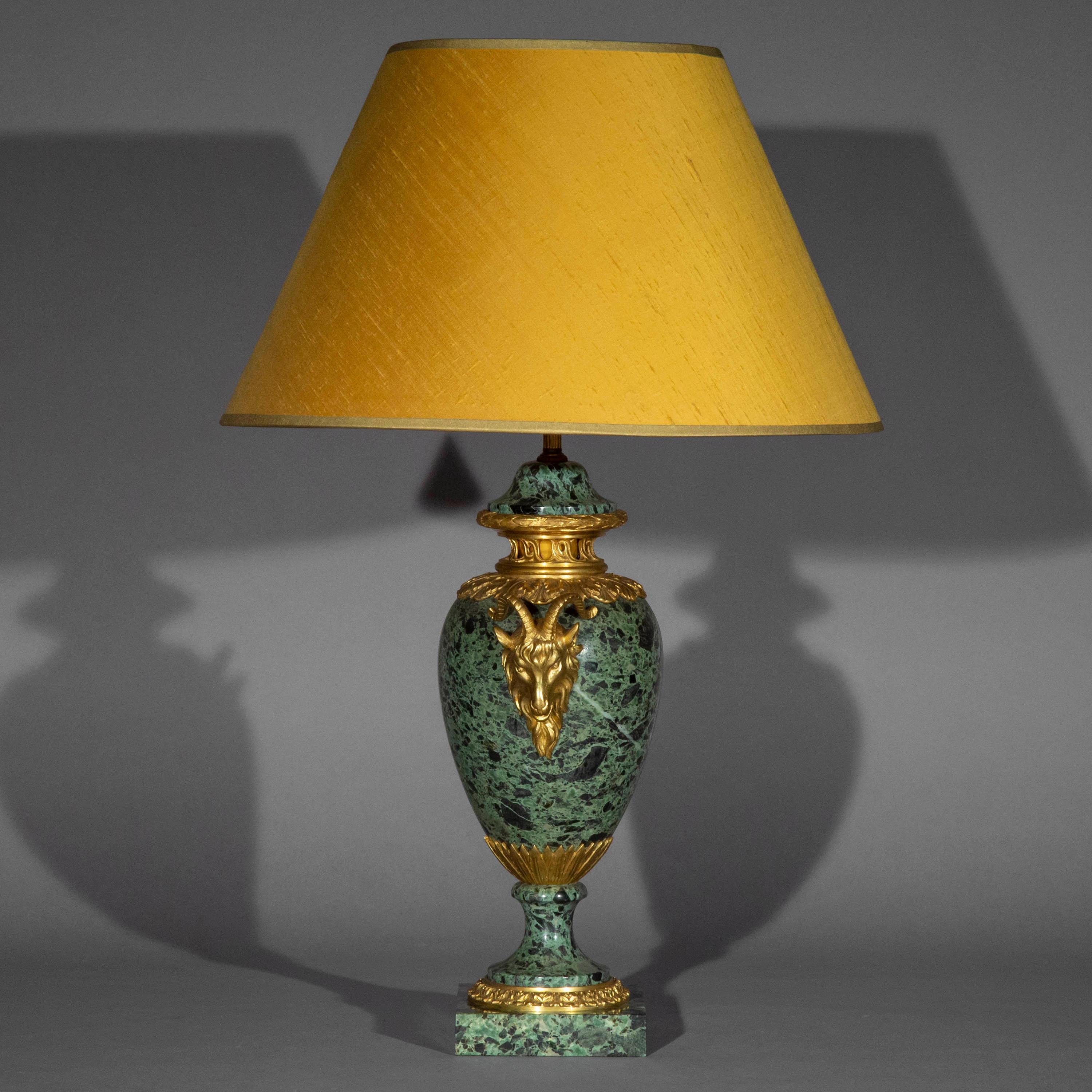 Ormolu Antique Table Lamp in Green Marble and Gilt Bronze For Sale