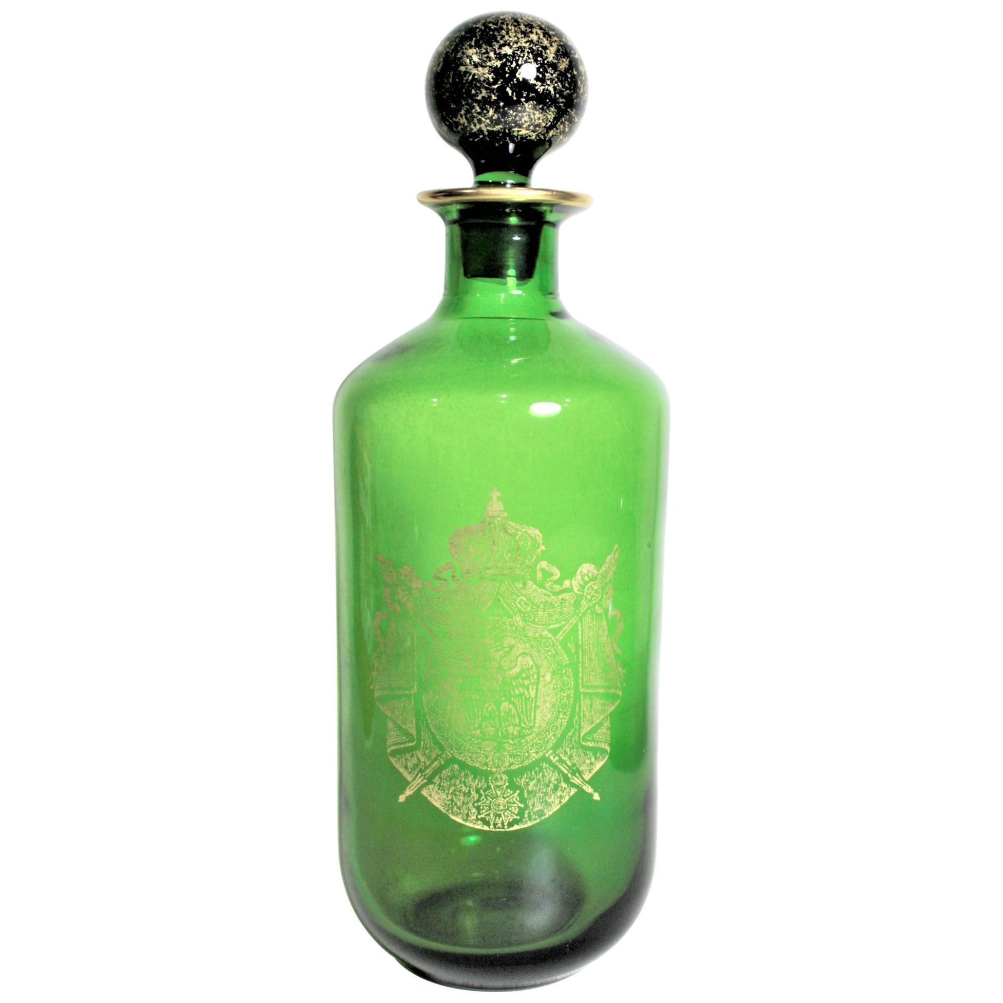 Antique Green Napoleonic Styled French Bottle Decanter with a Large Gilt Crest