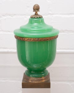 Antique Green Opaline Large Covered Jar with Acorn Finial