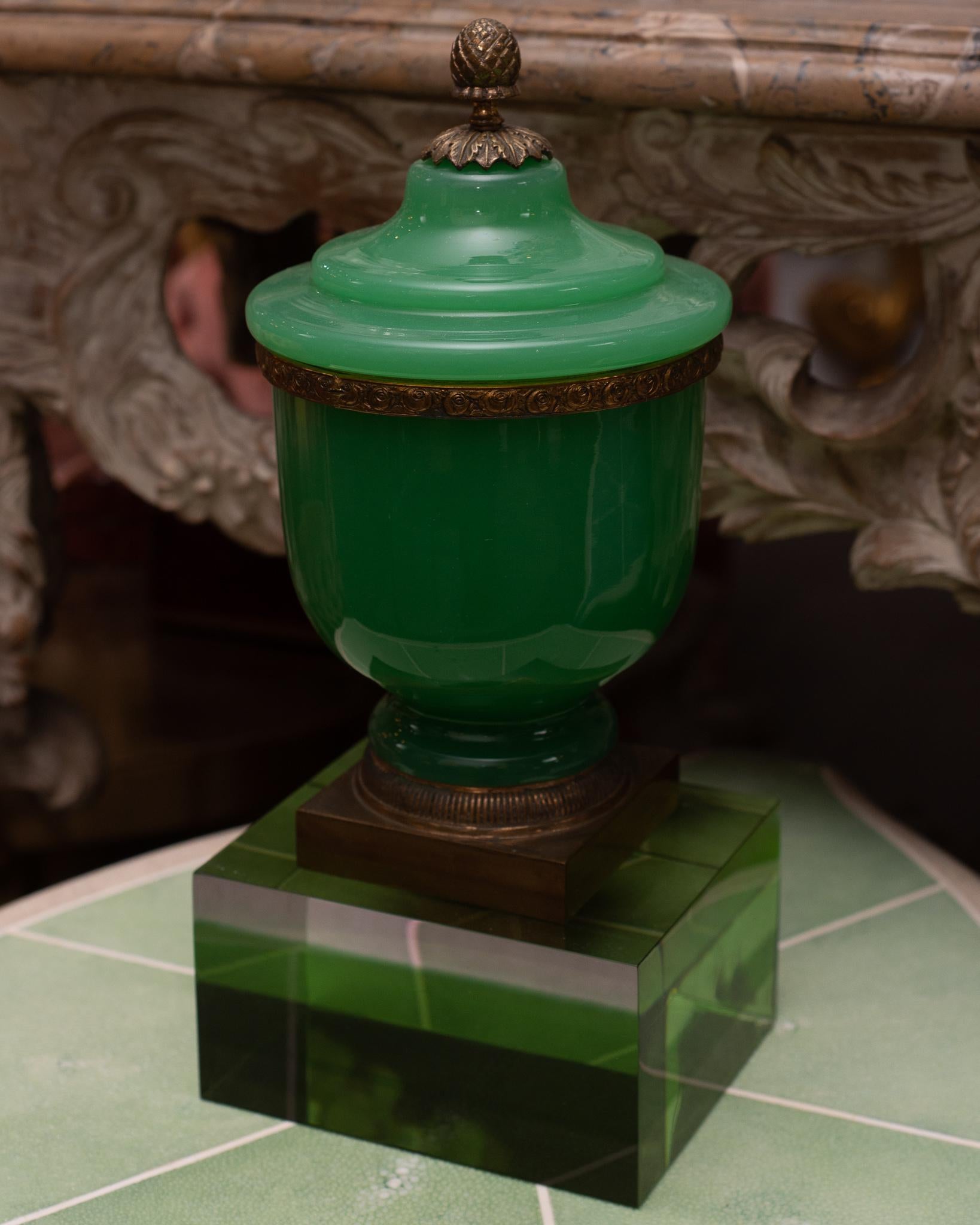 French Antique Green Opaline Large Covered Jar with Acorn Finial