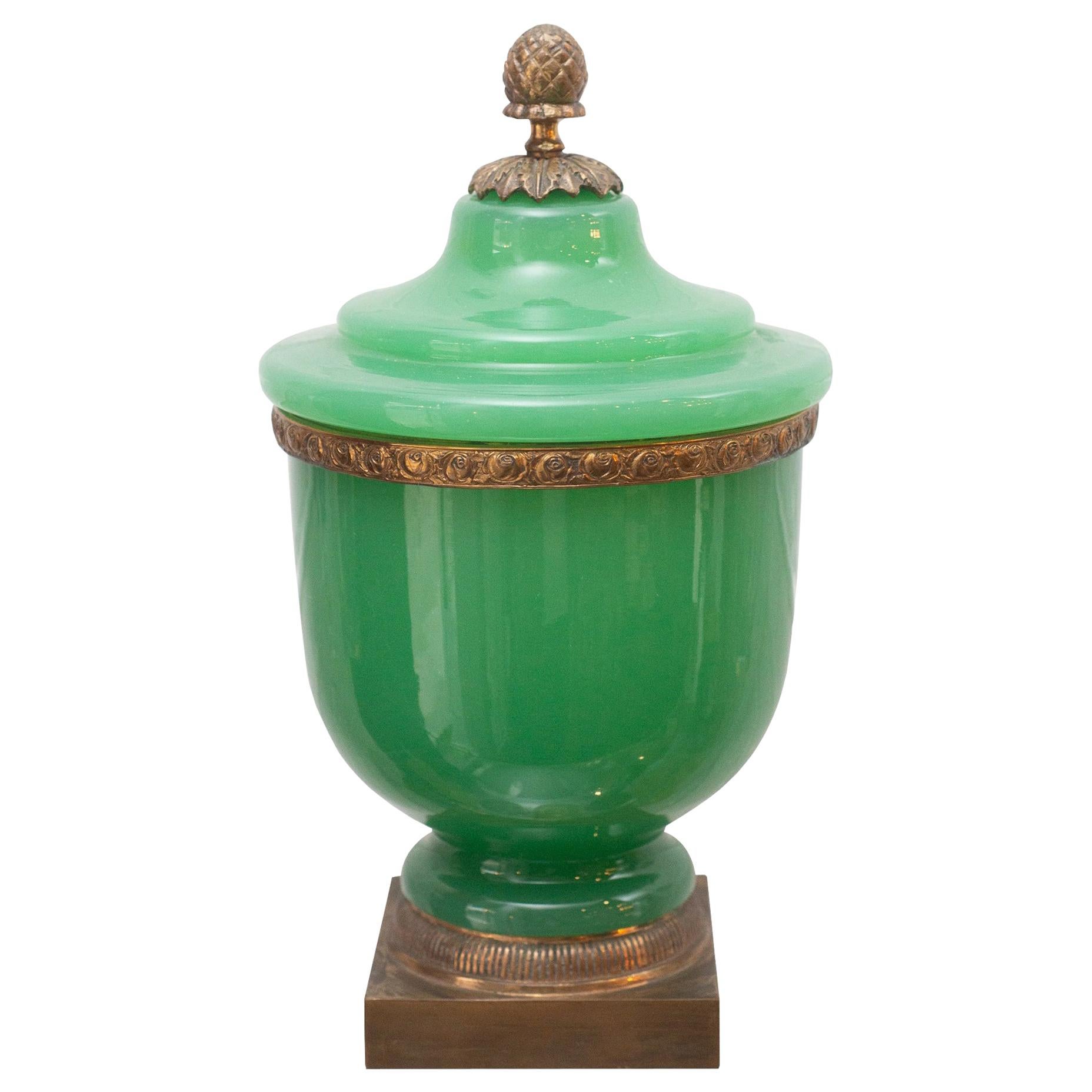 Antique Green Opaline Large Covered Jar with Acorn Finial