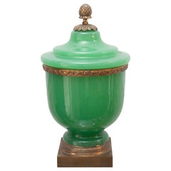 Antique Green Opaline Covered Jar with Acorn Finial