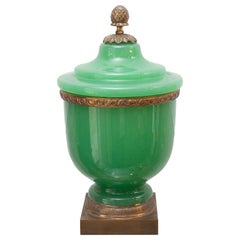 Antique Green Opaline Large Covered Jar with Acorn Finial