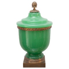 Antique Green Opaline Large Covered Jar with Acorn Finial