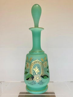 Antique Green Opaline Enameled Glass Perfume Bottle, Flacon, 19th Century