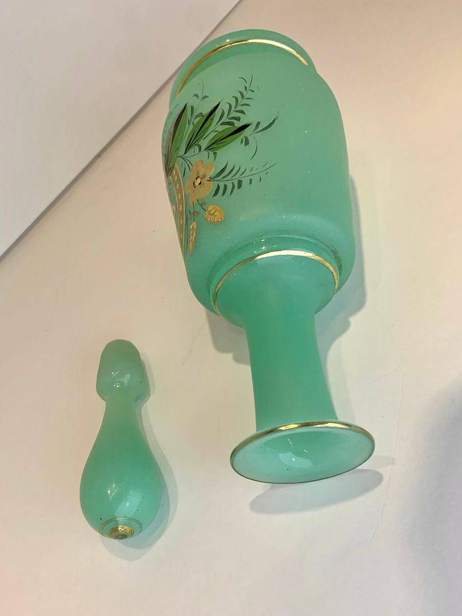 Opaline Glass Antique Green Opaline Enameled Glass Perfume Bottle, Flacon, 19th Century For Sale