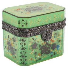 Antique Green Opaline Enamelled Glass Casket Jewelry Box, 19th Century