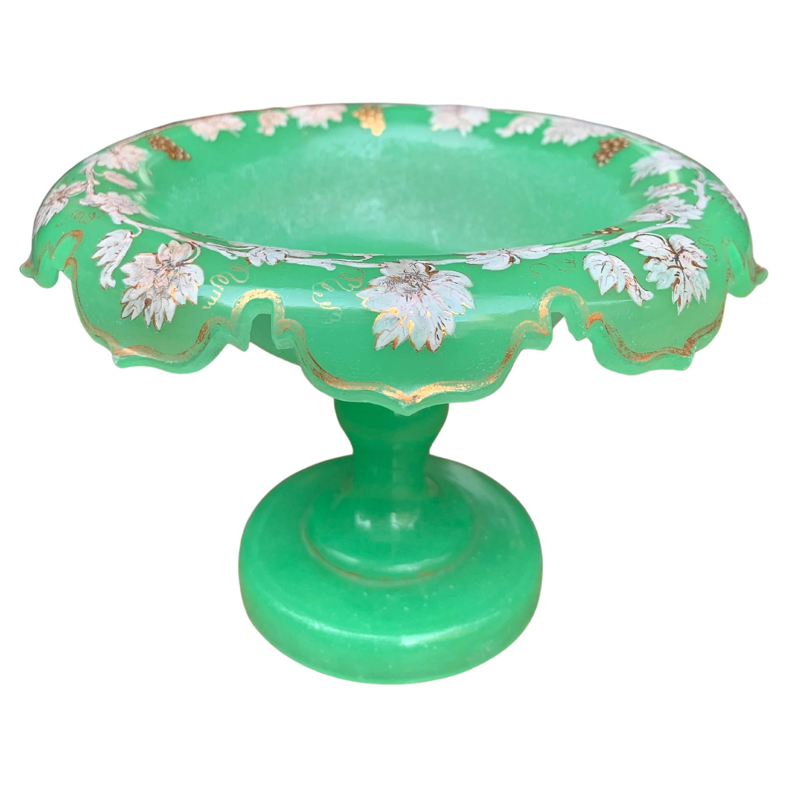 Antique Green Opaline Uranium Glass Tazza Bowl, 19th Century For Sale