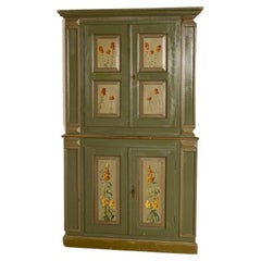 Antique Green Painted Corner Cabinet with Flowers in Panels