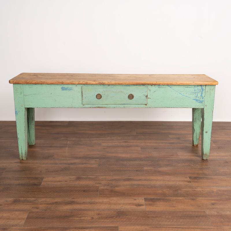 Danish Antique Green Painted Farm Console Table With Pine Top