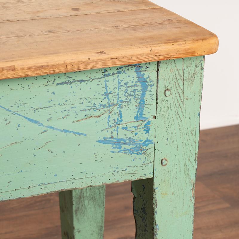 19th Century Antique Green Painted Farm Console Table With Pine Top