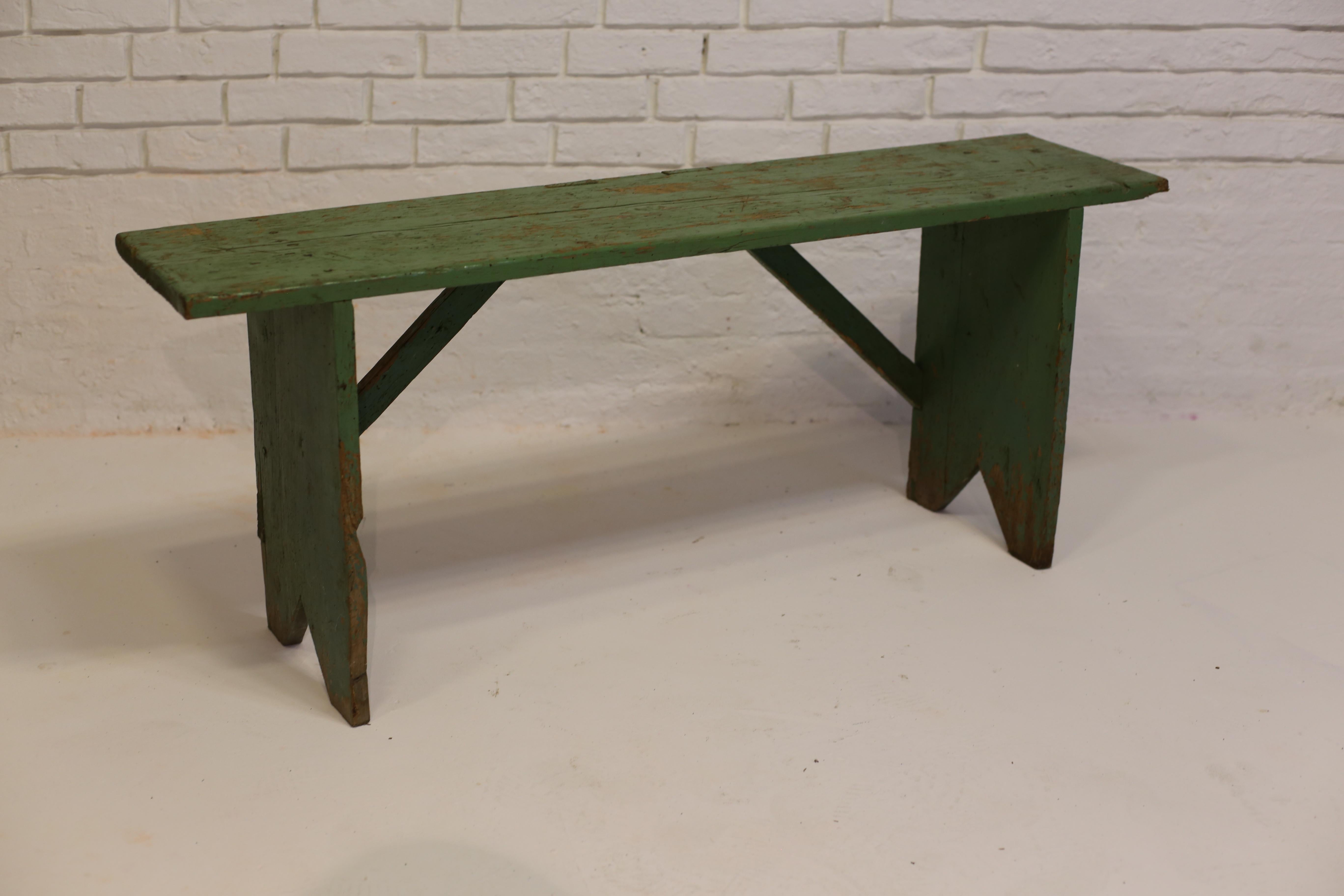 Antique Green Painted Pine Bench, Hungary, Early 20th Century In Fair Condition For Sale In New York, NY