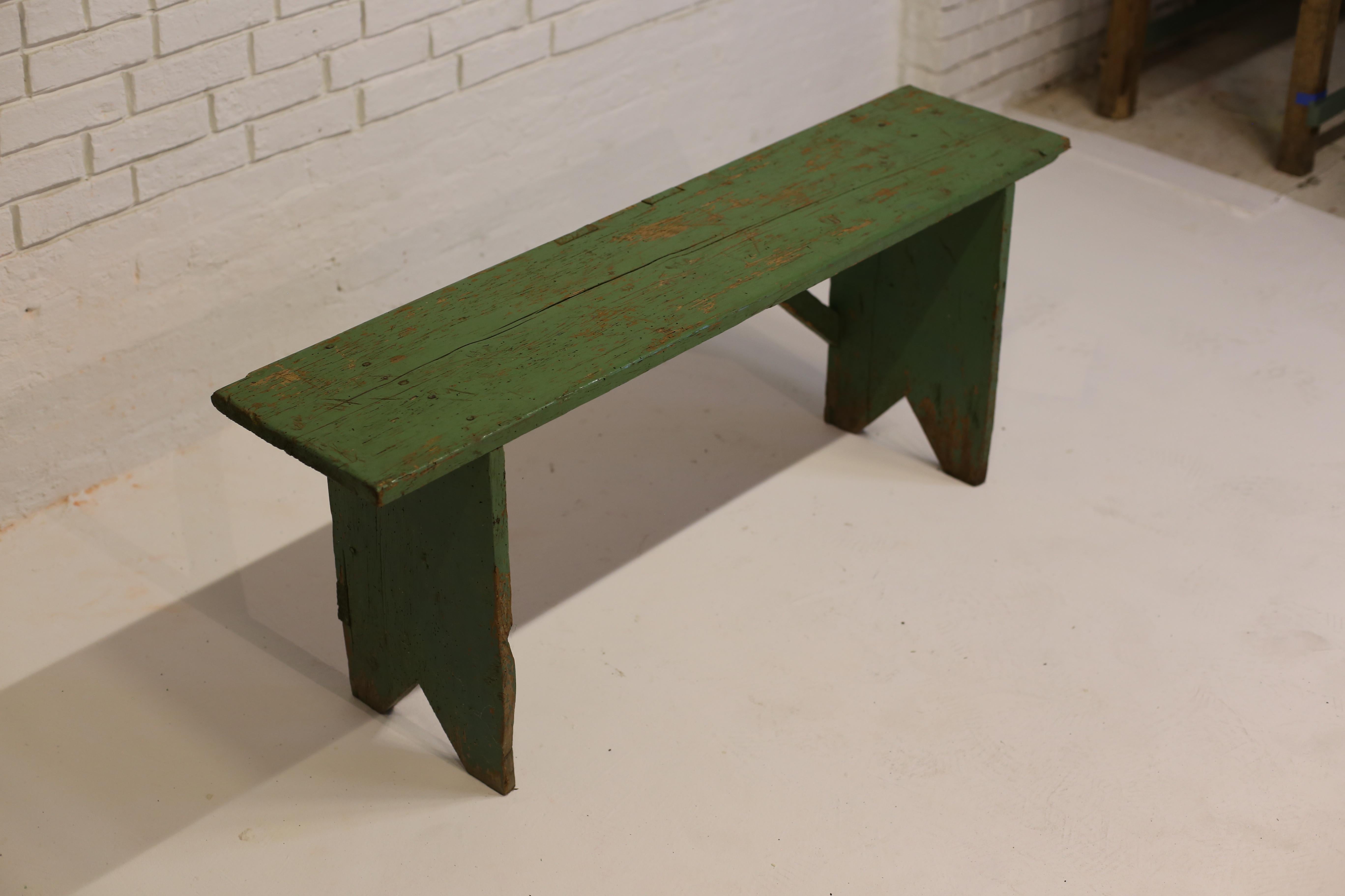Primitive Antique Green Painted Pine Bench, Hungary, Early 20th Century For Sale