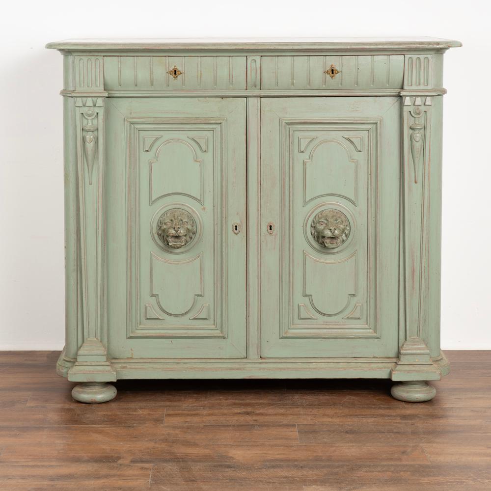 Renaissance Antique Green Painted Sideboard Buffet with Carved Lion Heads, Sweden circa 1860 For Sale