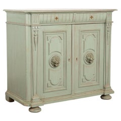 Antique Green Painted Sideboard Buffet with Carved Lion Heads, Sweden circa 1860