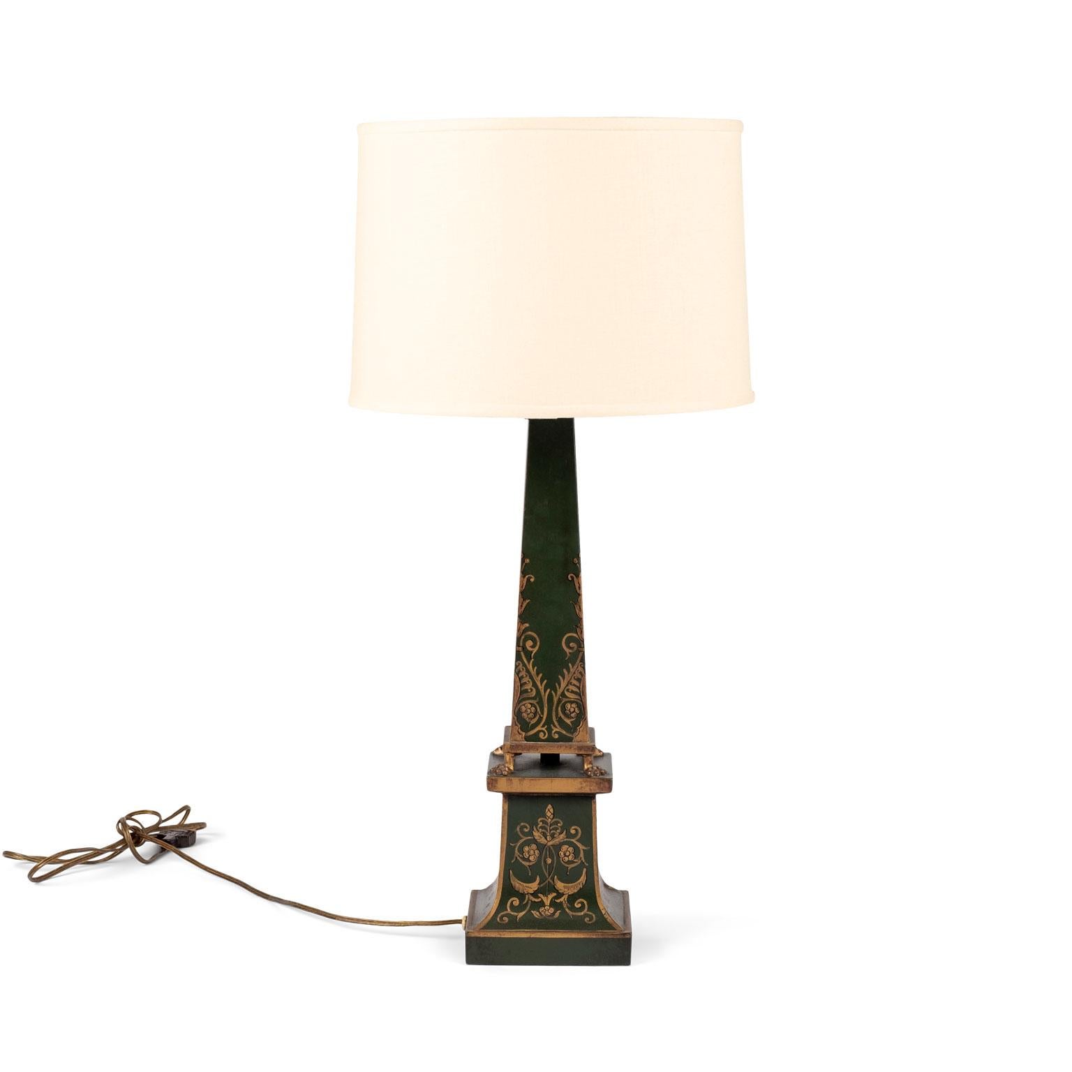 French Antique Green Painted Tole Table Lamp