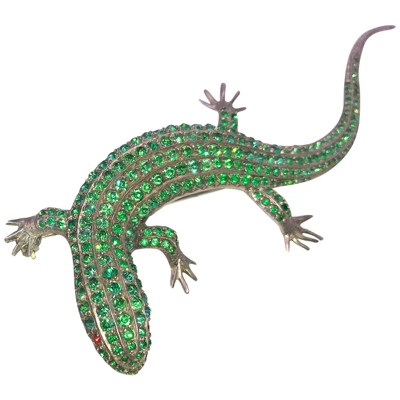 Antique Green Paste Lizard Brooch on Sterling